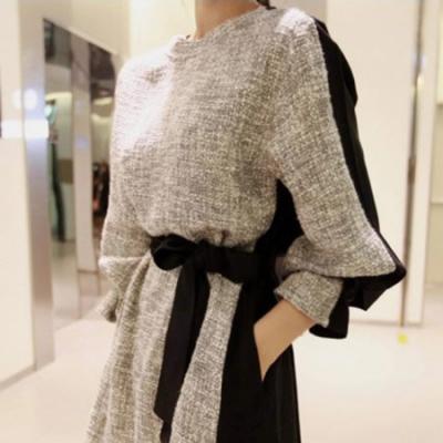 2014韩版新款拼接系带秋季连衣裙 修身连衣裙 长袖打底裙