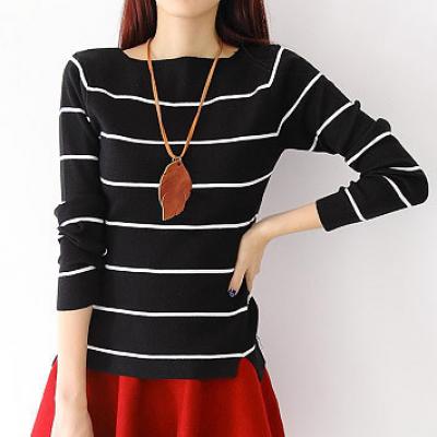 【美丽家】2014秋装新款韩范气质条纹针织衫毛衣修身套头衫 一字领条纹打底衫